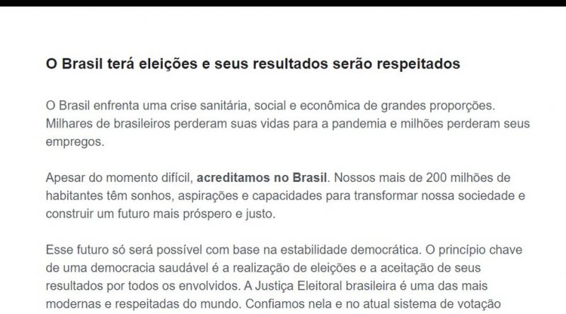 Empresários e lideranças políticas e religiosas divulgam manifesto em